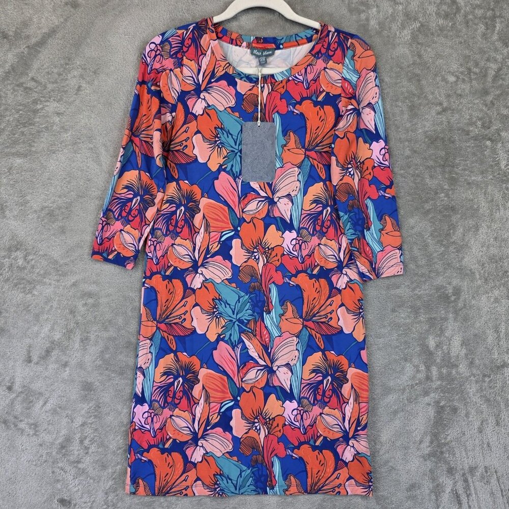 Fleur Bleue Dress Womens Extra Small Blue Orange Pink Floral 3/4 Sleeve Stretch